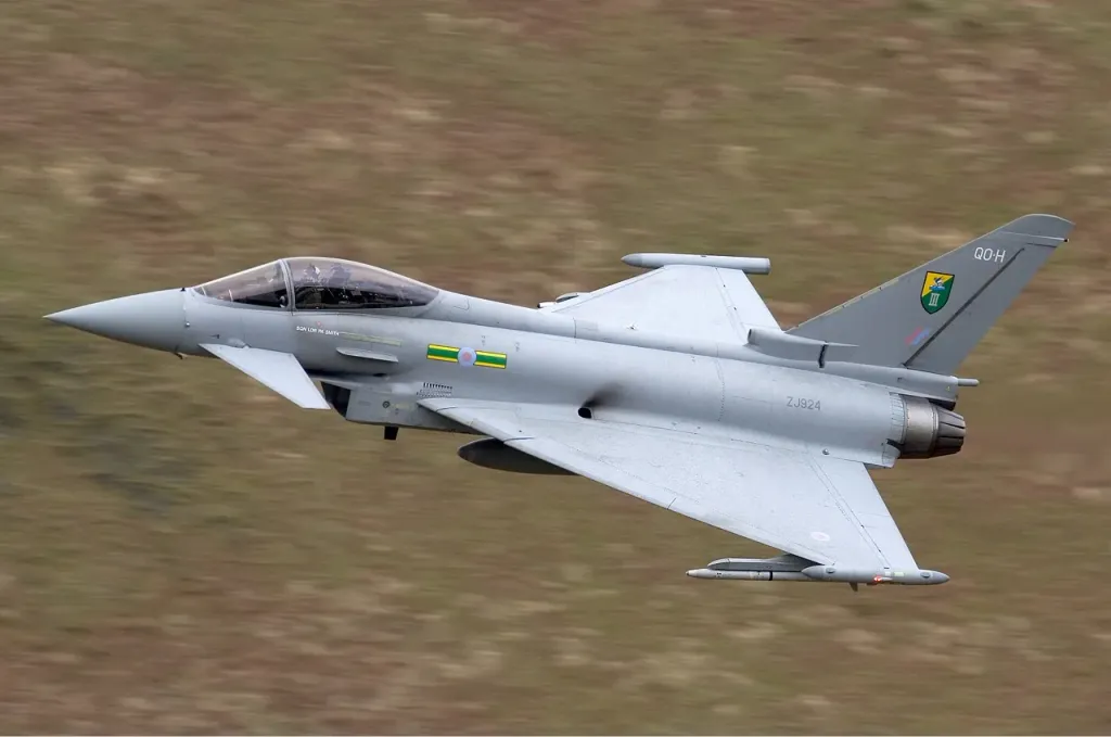 Eurofighter Typhoon multirole fighter jet in flight, a type operated by the UK's Royal Air Force