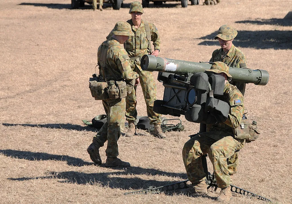 Australian Army gunner aiming an RBS 70 man-portable air-defense missile system during a rapid-deployment training drill